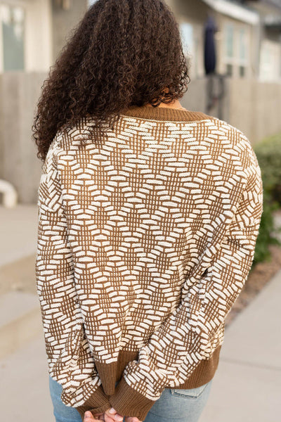Cozy Women's Khaki Knit Sweater with Patterned Design, Round Neck, Perfect for Casual Everyday Wear