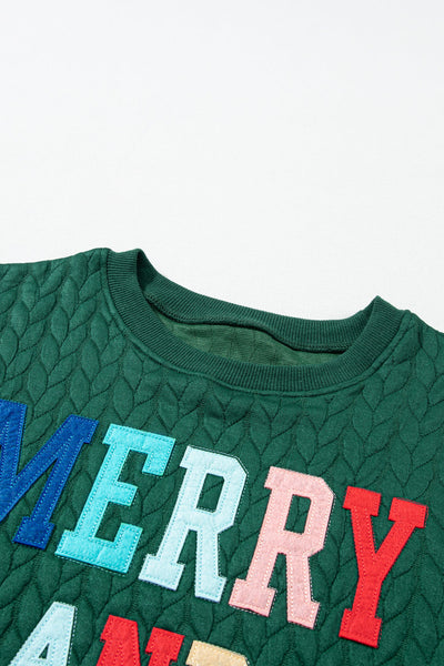 Women's Blackish Green Merry & Bright Cable Knit Pullover Sweatshirt - Cozy Holiday Style, Perfect for Winter Layers