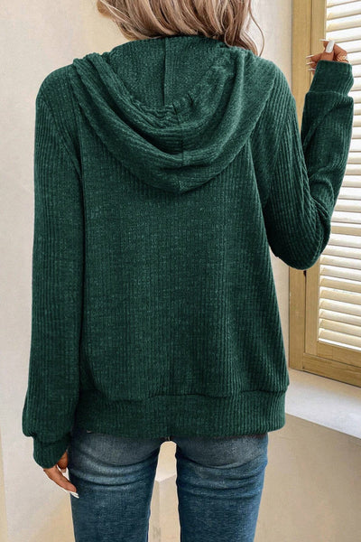 Cozy Women's Evergreen Ribbed Zip-Up Hoodie with Drawstring, Casual Fit for Everyday Style and Comfort