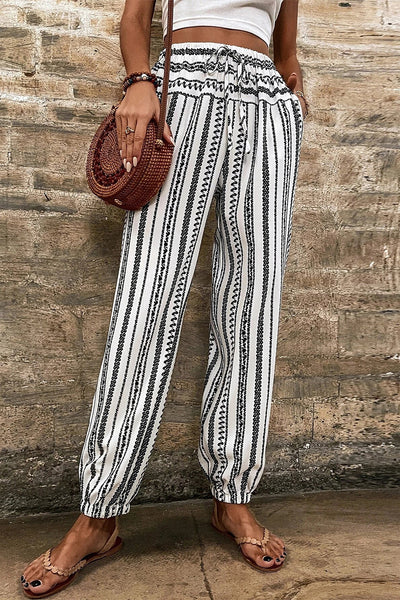 Women's Black Striped Boho Joggers with Drawstring Waist  Casual Comfort Pants for Effortless Style