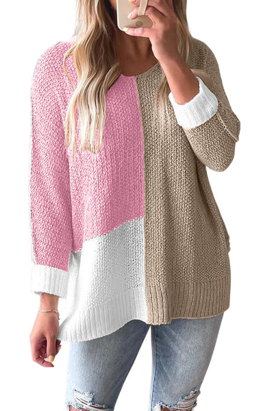 Cozy Women's Pink Color Block V-Neck Knit Sweater - Loose Fit for Casual Outings and Stylish Layering