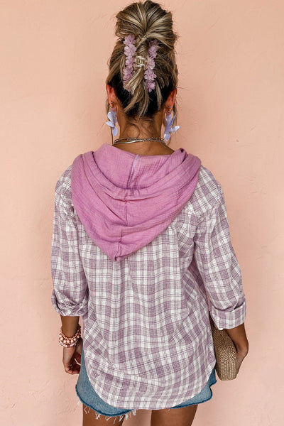 Women's Pink Checkered Hooded Shacket - Relaxed Fit Button-Up Jacket for Casual Chic Comfort and Everyday Style