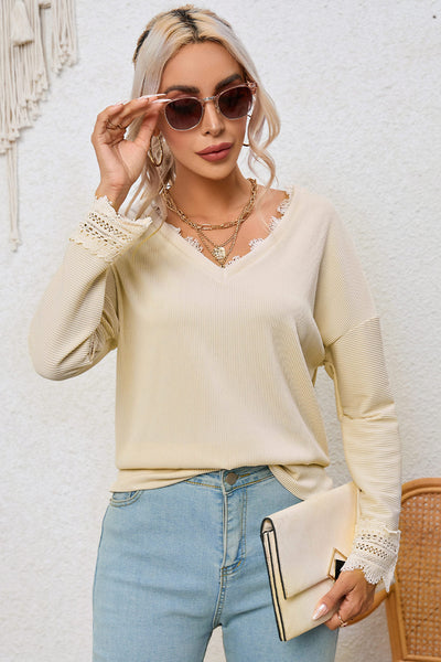 Women's Apricot Ribbed Long Sleeve V-Neck Top with Lace Trim - Chic, Comfortable Everyday Style for Effortless Looks