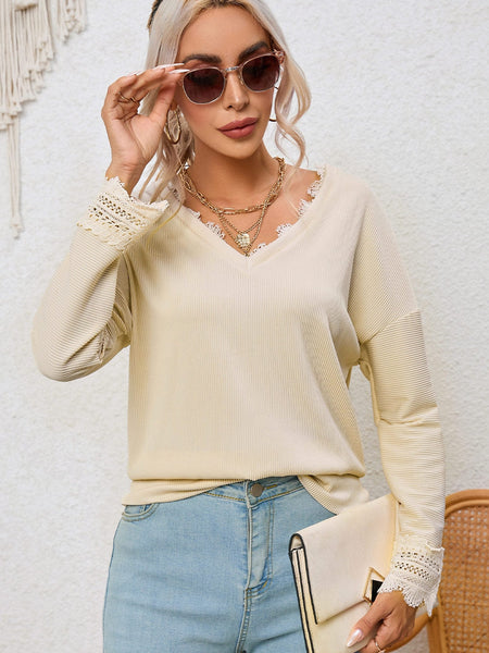 Women's Lace-Trimmed Ribbed V-Neck Blouse with Bell Sleeves