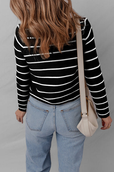 Cozy Women's Black Striped V-Neck Cardigan Sweater with Tie Front - Effortless Layering for Chic Fall Style