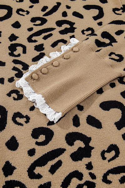 women's trendy plus size women's brown leopard knit sweater with lacy trim and cuffed sleeves for a chic look with practical styling and dependable
