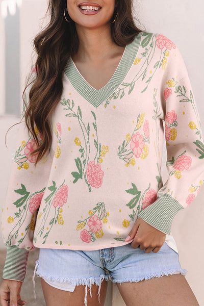 Women's Floral V-Neck Viscose Blend Knit Sweater in Soft Pink
