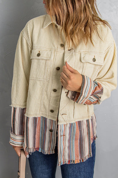 Cozy Women's Color Block Striped Corduroy Jacket with Button-Up Front and Pockets - Perfect Fall Outerwear made for easy styling and wardrobe