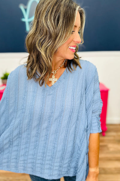 women's soft blue lacy striped dolman blouse with 3/4 sleeves chic and comfortable for effortless everyday style made for easy styling and wardrobe