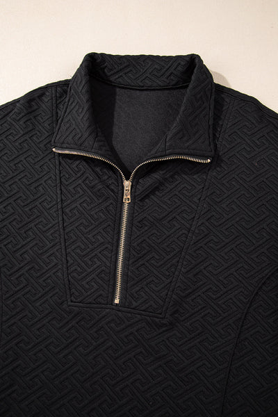 Chic Women's Black Textured Half-Zip Sweatshirt with Collared Neckline for Effortless Casual Style and Cozy Comfort