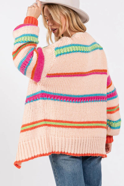 Chic Women's Oversized Multicolor Striped Knit Cardigan - Cozy Open Front Layer for Stylish Fall Outfits