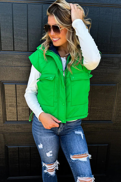 Women's Cozy Green Color Block Zip-Up Winter Vest with Snap Buttons - Stylish Layering Essential for Cold Weather