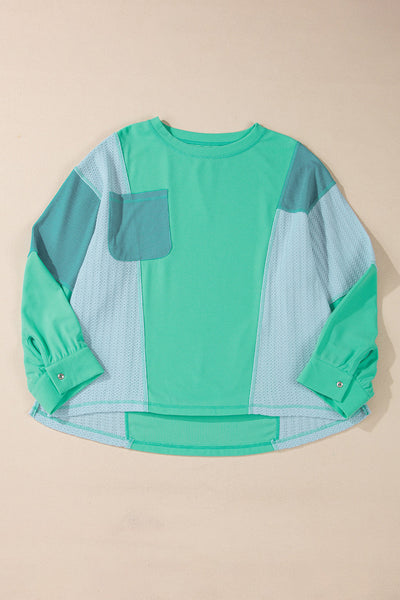 Women's Stylish Green Colorblock Long Sleeve Top with Button Closure & Stitching Detail - Casual Chic for Everyday Wear