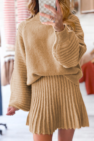 Cozy Women's Smoke Gray High Neck Puff Sleeve Sweater & Pleated Mini Skirt Set - Stylish 2-Piece Knit Outfit for Fall