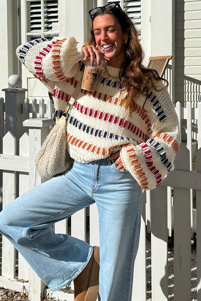 Cozy Women's Beige Striped Puff Sleeve Sweater Playful Drop Shoulder Knit for Stylish Casual Wear