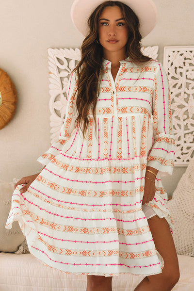 Bohemian Summer Orange Printed Ruffled Dress for Women with Bracelet Sleeves and Slit Neck - Relaxed Fit & Stylish
