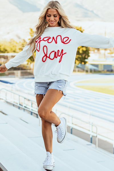 Women's Cozy White Graphic Sweatshirt with Drop Shoulders - Stylish Casual Wear for Game Day and Everyday Comfort