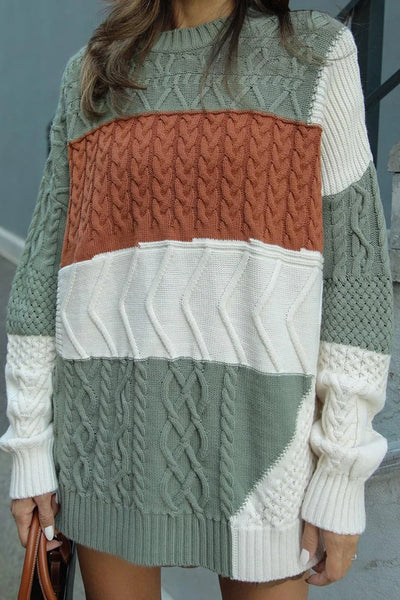 Cozy Women's Green Color Block Knit Sweater with Cable Texture - Relaxed Fit for Effortless Casual Style