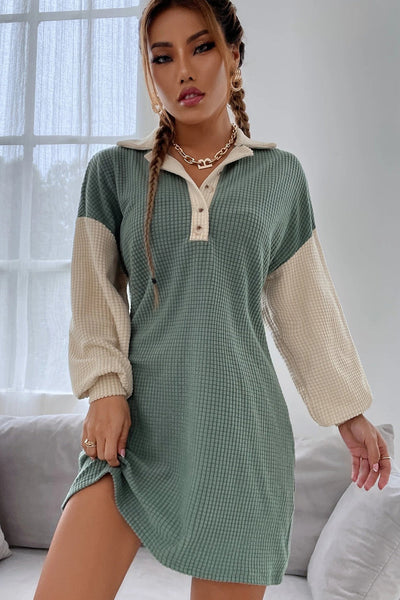Trendy Women's Long Sleeve Green Bay Color Block Mini Dress with Lattice Texture and Button Collar for Chic Style