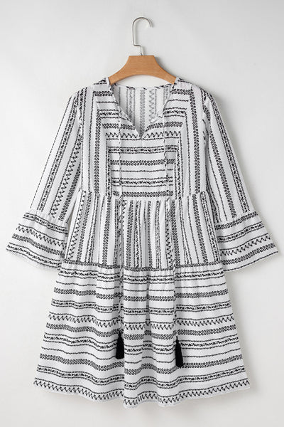 Elegant Women's Black Stripe V-Neck Mini Dress with Flattering Bell Sleeves and High Waist for Effortless Style