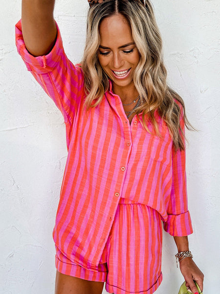 Orange Stripe Print Shirt and Shorts Lounge Set