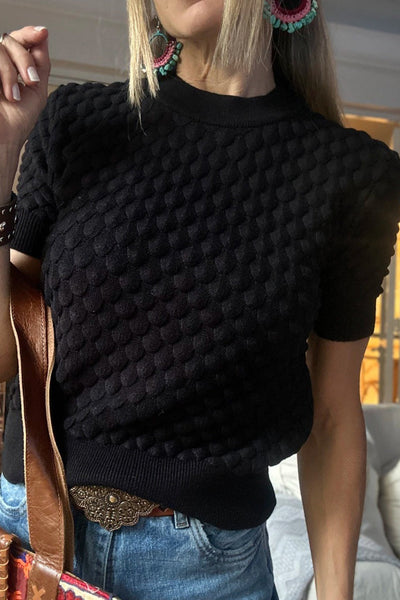 Women's Black Fish Scale Textured Knit Ribbed High Neck Short Sleeve Sweater made for easy styling and wardrobe coordination, with premium-like