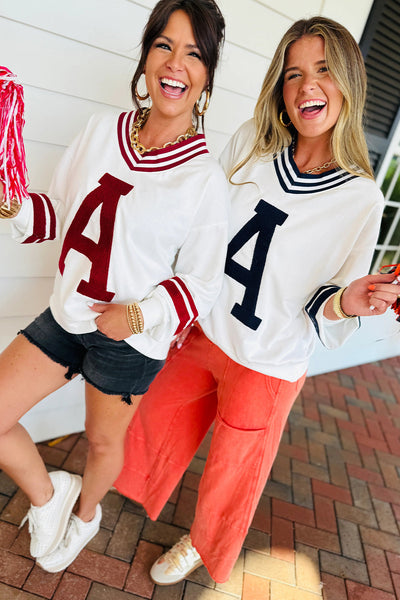 Trendy Women's Red Dahlia Chenille Varsity Sweatshirt with Puff Sleeves & Letter A Graphic Stylish V-Neck Fit