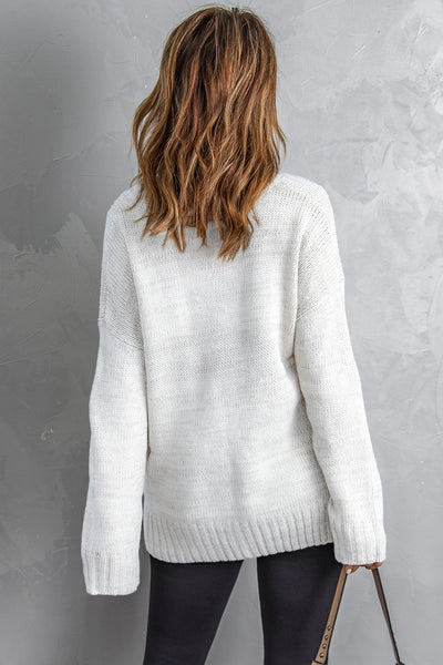 Chic Women's White V-Neck Drop Shoulder Sweater Cozy Knit for Effortless Style and All-Day Comfort
