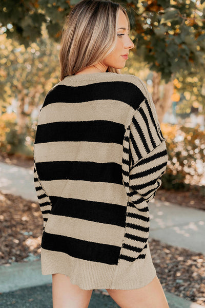 Cozy Women's Black Striped Baggy Sweater with Drop Shoulder Sleeves and Trendy Patchwork Design for Casual Chic Look