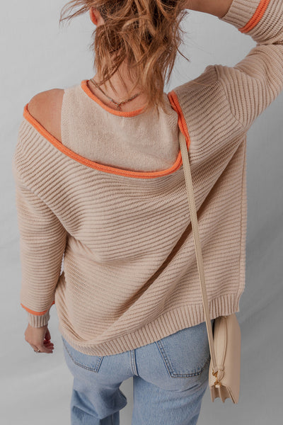 Cozy Women's Parchment Cold Shoulder Sweater with Contrast Trim & Patchwork Design - Relaxed Fit Knit Top