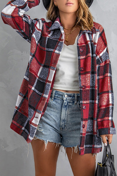 Women's Crimson Red Plaid Shacket: 100% Polyester Oversized Layer