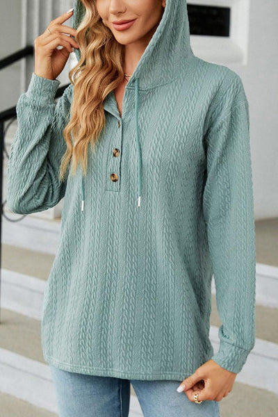 Mint Green Long Sleeve Hooded Top for Women with Textured Fabric, Button Front & Adjustable Drawstring for Comfort