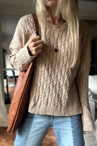 Cozy Women's Parchment Cable Knit Sweater with Drop Shoulders & Round Neck - Perfect for Casual Fall Fashion