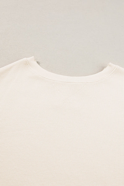 Women's Oversized White Waffle Knit Top with Bishop Sleeves and Trendy Split Detail for Effortless Chic Style