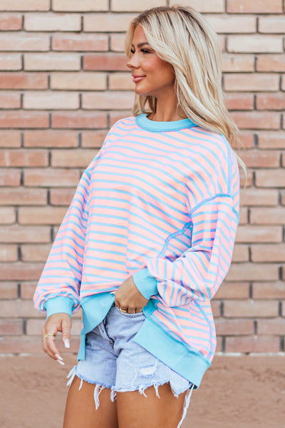 Women's Stylish Pink Stripe High-Low Pullover Tunic Sweatshirt with Contrast Trim for Comfortable Everyday Wear