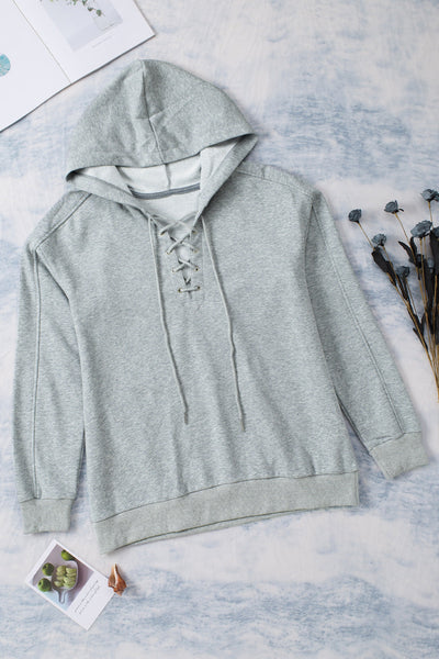 Stylish Women's Grey Lace-Up Hoodie - Comfortable Casual Pullover with Adjustable Fit for Everyday Fashion