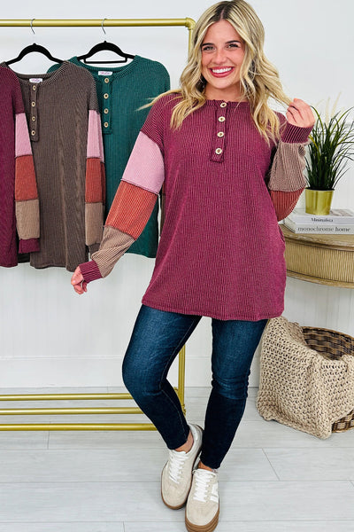 Chic Women's Red Color Block Long Sleeve Henley Top with Twisted Ribbed Design and Stylish Exposed Seams