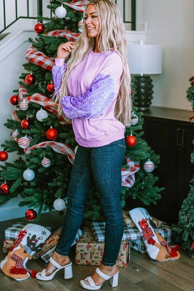 Chic Women's Orchid Petal Sequin Long Sleeve Pullover Top - Stylish Casual Wear for Effortless Elegance