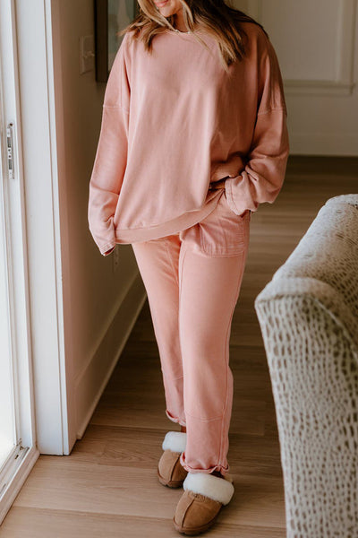 Cozy Women's Apricot Pink Lounge Set: Drop Shoulder Pullover & Drawstring Pants for Relaxed Comfort and Style