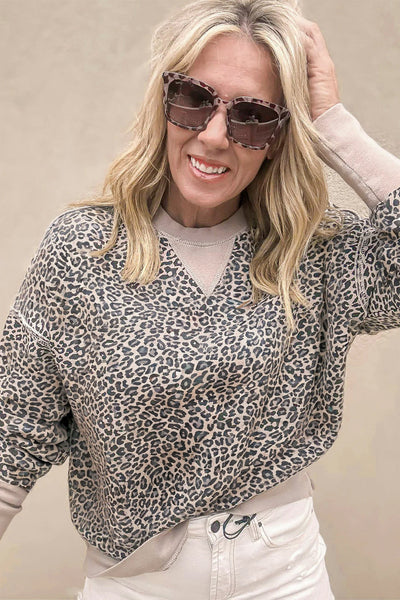 Women's Cozy Khaki Leopard Print Crew Neck Sweatshirt - Trendy Patchwork Style for Casual Chic Looks