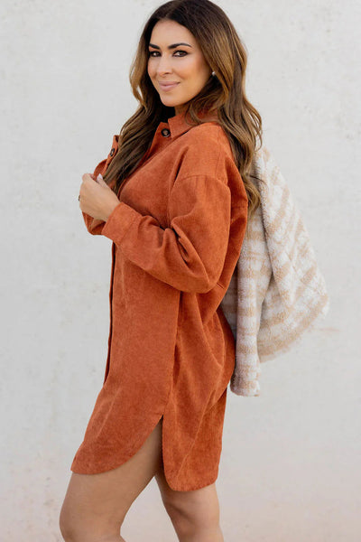 Chic Women's Oversized Gold Flame Corduroy Shacket with Side Slits - Trendy Layering Essential for Stylish Fall Outfits