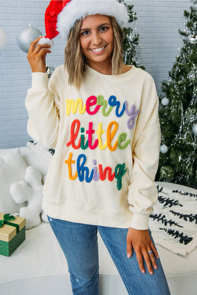 Beige Ribbed Loose Sweatshirt for Women with Corded Letter Graphic - Cozy Casual Top for Effortless Everyday Style