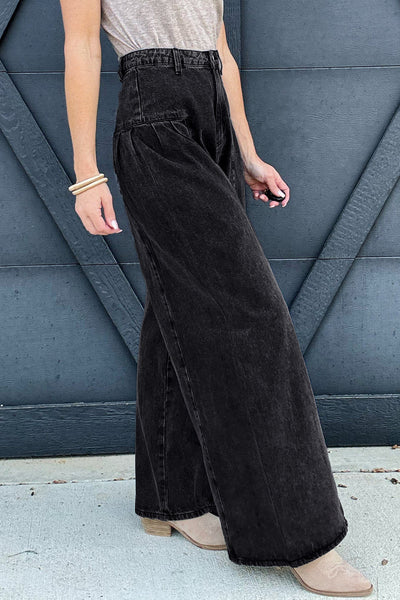 chic women's dark grey pleated wide leg denim pants with mineral wash - easy and wearable for everyday fashion made for easy styling and wardrobe with