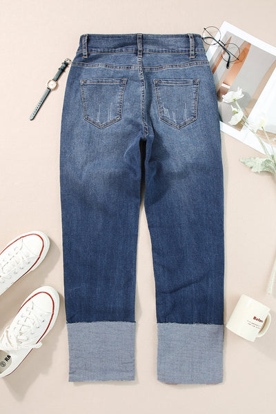 Trendy Women's Blue High-Waisted Distressed Straight Leg Jeans for Effortless Style and All-Day Comfort