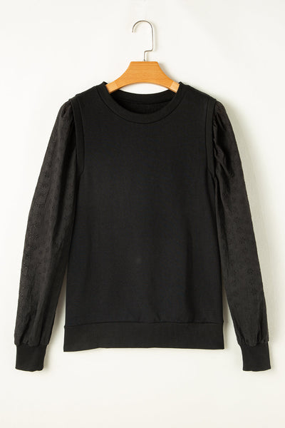Chic Women's Black Patchwork Sleeve Round Neck Sweatshirt - Cozy Casual Top for Effortless Style and Comfort