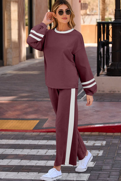Women's Mineral Red Varsity Stripe Puff Sleeve and Wide Leg Pant Set with practical styling and dependable silhouette control.