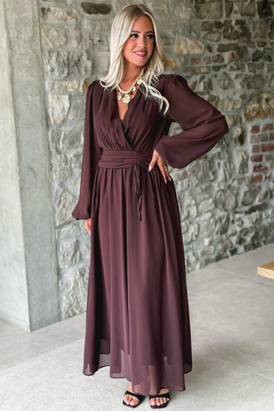 Chic Dark Brown Long Sleeve V-Neck Pleated High Waist Maxi Dress for Women Ideal for Formal and Casual Events