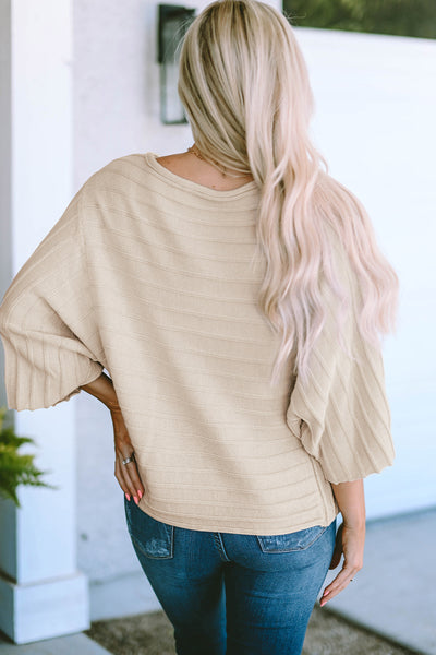 Cozy Women's Apricot Ribbed Knit Dolman Sweater with Exposed Seams - Stylish Everyday Essential for Effortless Chic