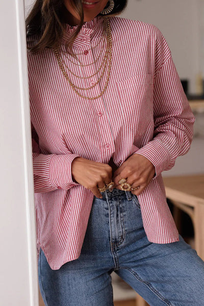 Women's Casual Pink Striped Button-Down Shirt with Frill Collar and Chest Pocket - Relaxed Fit for Effortless Style