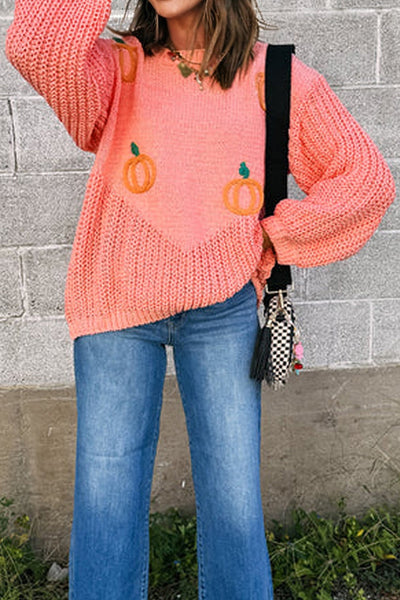 Women's Cozy Pumpkin Embroidered Sweater - Cute Autumn Style, Comfortable Fit for Fall Fashion Outfits